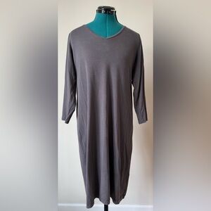 Eileen Fisher | Gray Midi Length 3/4 Sleeve V-neck Shift Dress | Size M
